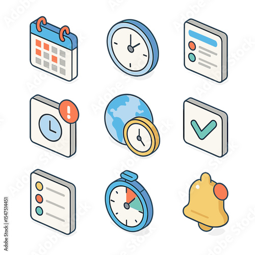 Meeting Agenda Icons. Isometric Flat icon set of meeting agenda and scheduling: calendar invite, clock, agenda document, reminder