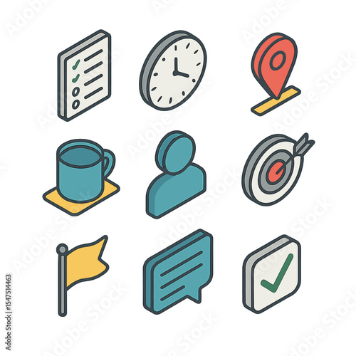 Meeting Agenda Icons. Isometric Flat icon set of meeting agenda elements: agenda list, time slot, topic marker, speaker icon,