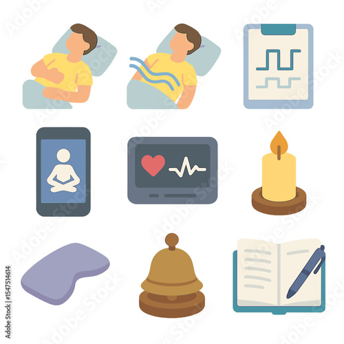 Mindfulness Icon Set. Isometric Flat icon set of breathing and mindfulness in bed: diaphragmatic inhale, exhale wave, box