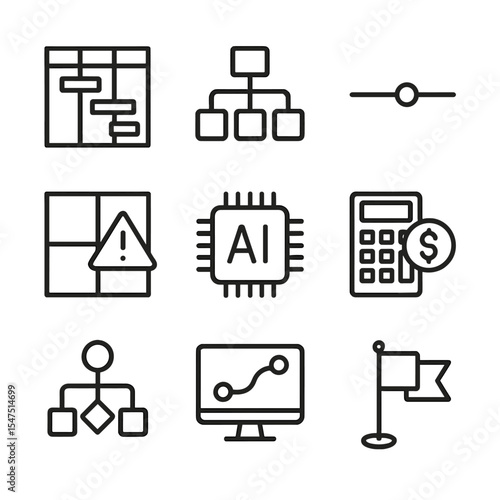Mission Planning Icons. Outline icon set of mission planning optimization: Gantt chart, resource allocator, timeline slider, risk
