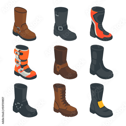 Motorcycle Boot Icons. Isometric Flat icon set of motorcycle and biker boots: biker boot, engineer boot, racing boot, motocross