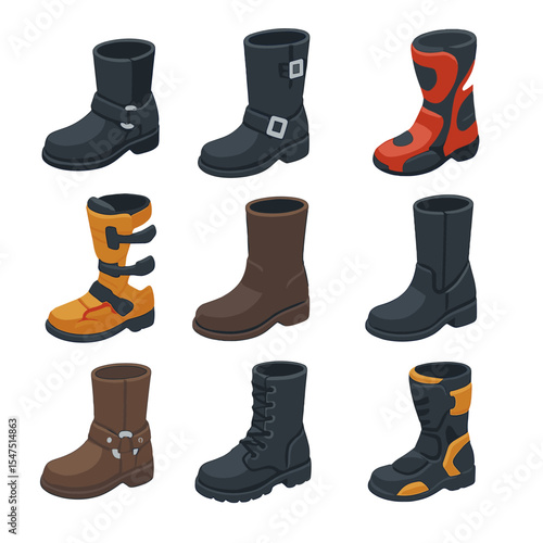 Motorcycle Boot Icons. Isometric Flat icon set of motorcycle and biker boots: biker boot, engineer boot, racing boot, motocross