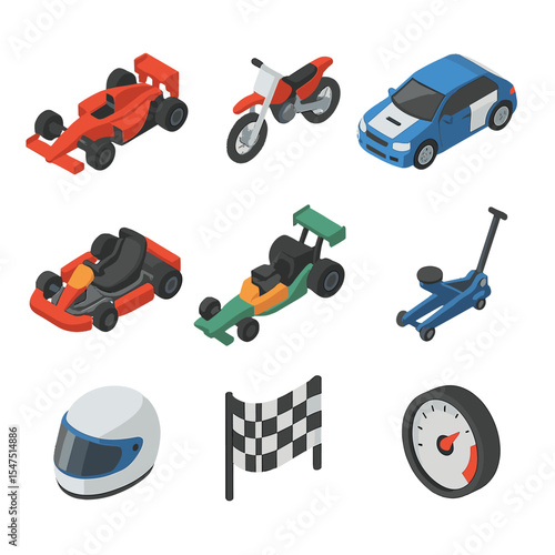 Motorsports Icon Grid. Isometric Flat icon set of motorsports vehicles: Formula One car, motocross bike, rally car, go-kart,