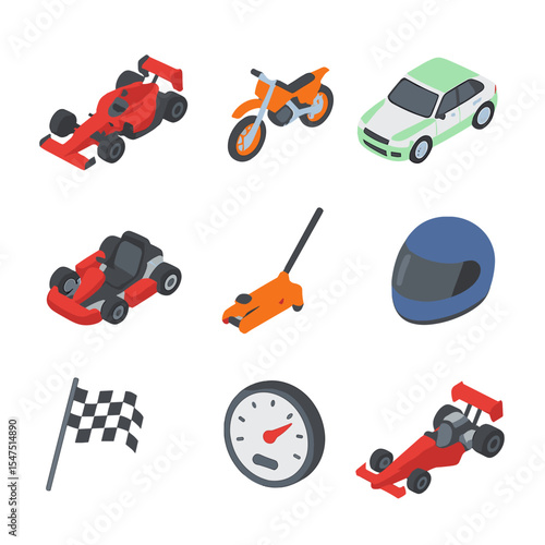 Motorsports Icon Grid. Isometric Flat icon set of motorsports vehicles: Formula One car, motocross bike, rally car, go-kart,