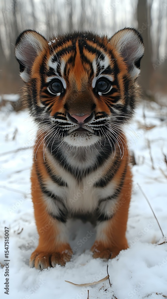 Obraz premium Close-up portrait of adorable tiger cub standing in snow with bright blue eyes and distinctive orange and black striped fur pattern, looking directly at camera.