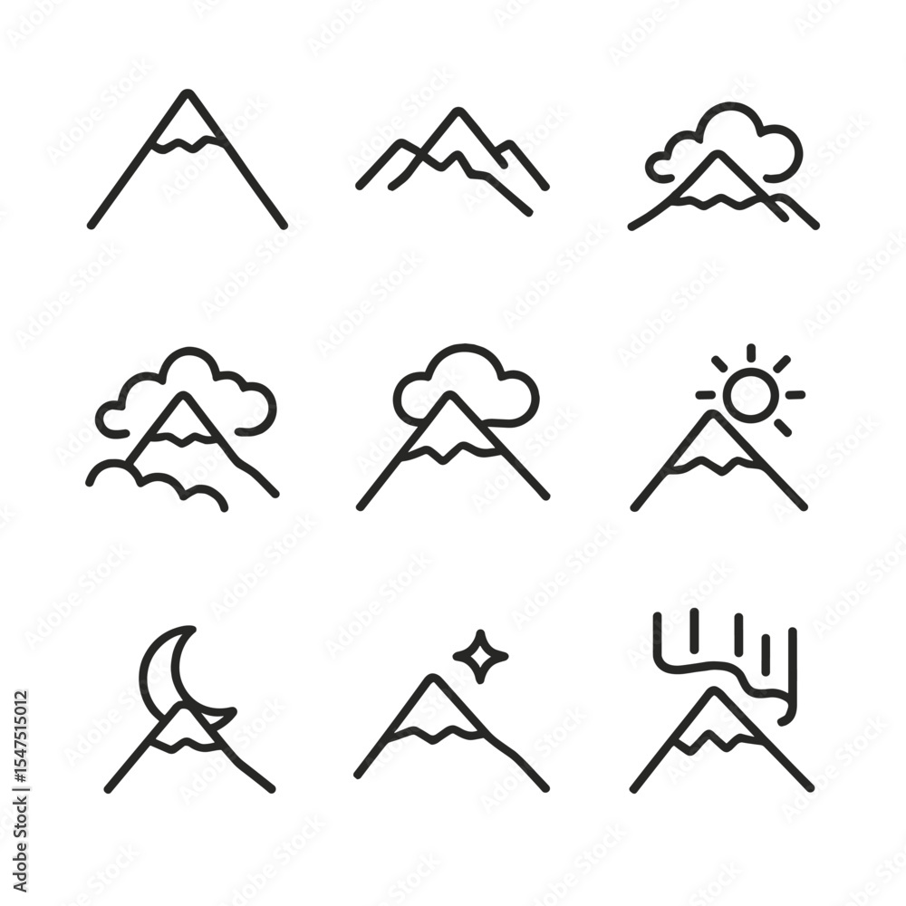 Mountain Winter Icon Set. Outline icon set of mountain winter scenery: snow-capped peak, ridge line, valley, fog, cloud, low sun, Mountain Winter Icon Set. Outline icon set of mountain winter scenery: snow-capped peak, ridge line, valley, fog, cloud, low sun,