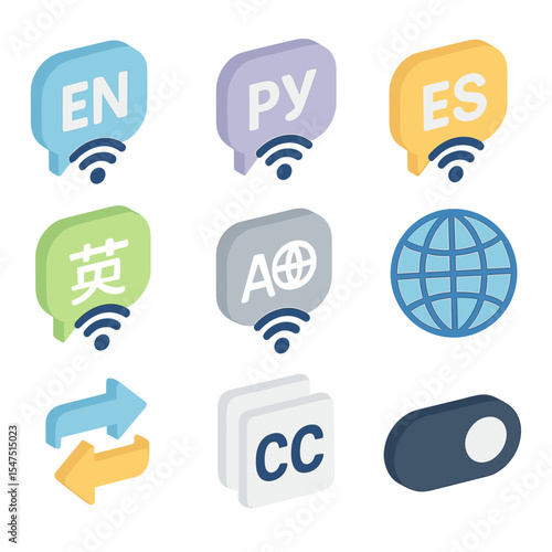 Multilingual Wi-Fi Icons. Isometric Flat icon set of multilingual Wi-Fi instructions: English text bubble, Russian text bubble,