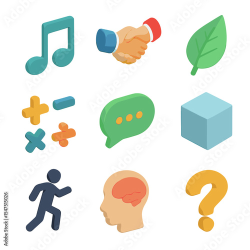 Multiple Intelligences Icons. Isometric Flat icon set of multiple intelligences icons: musical note, interpersonal handshake,