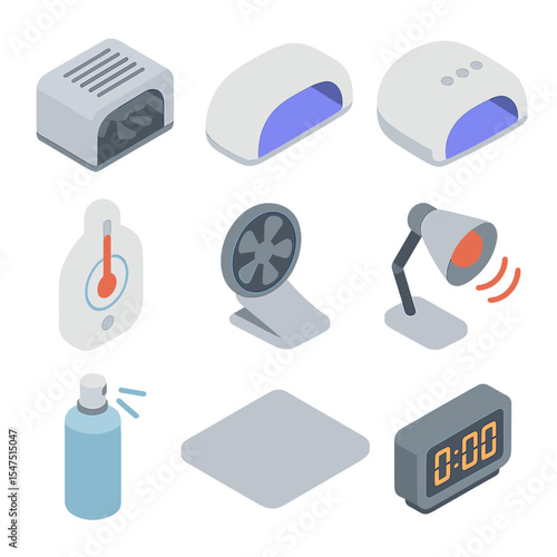 Nail Drying Tools Icons. Isometric Flat icon set of nail drying and curing tools: tabletop fan dryer, portable UV lamp, LED nail