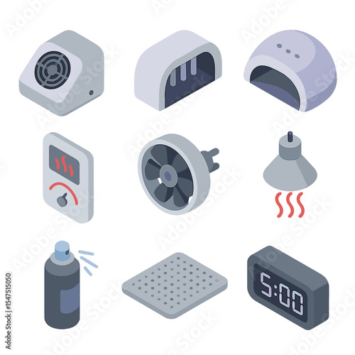 Nail Drying Tools Icons. Isometric Flat icon set of nail drying and curing tools: tabletop fan dryer, portable UV lamp, LED nail