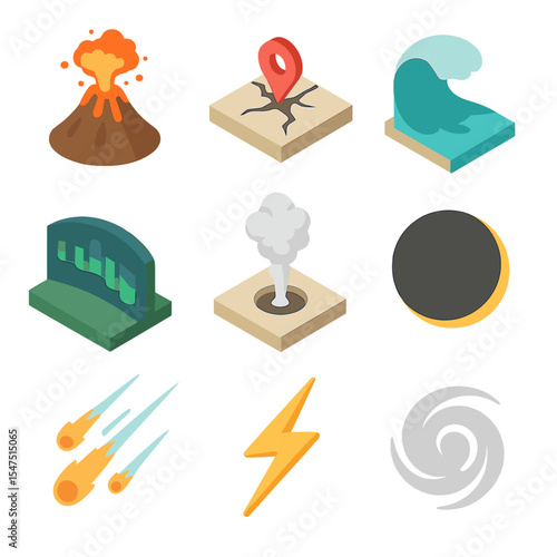 Natural Phenomena Icons. Isometric Flat icon set of natural phenomena: erupting volcano, earthquake epicenter mark, tsunami wave,