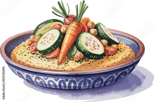 A watercolor illustration of Moroccan couscous topped with vibrant vegetables—carrots, zucchini, chickpeas—in a traditional dish