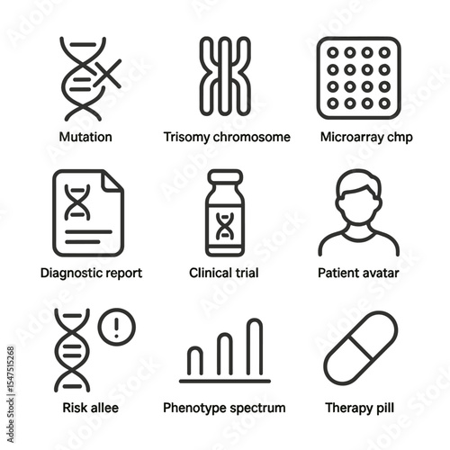 Neurodevelopmental Disorders Icons. Outline icon set of genetic basis of neurodevelopmental disorders: mutation symbol, trisomy