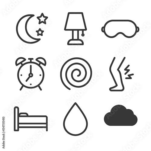 Nocturnal Cramps Icons. Outline icon set of nocturnal cramps: moon and stars, bedroom lamp, sleep mask, alarm clock, restlessness