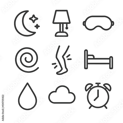 Nocturnal Cramps Icons. Outline icon set of nocturnal cramps: moon and stars, bedroom lamp, sleep mask, alarm clock, restlessness