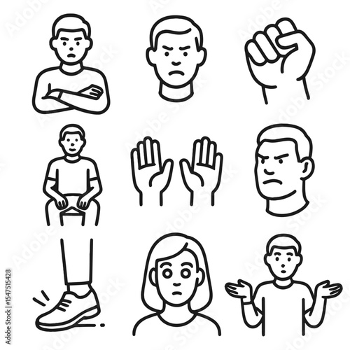 Nonverbal Cue Icons. Outline icon set of recognizing nonverbal cues: crossed arms, furrowed brow, clenched fist, relaxed posture,