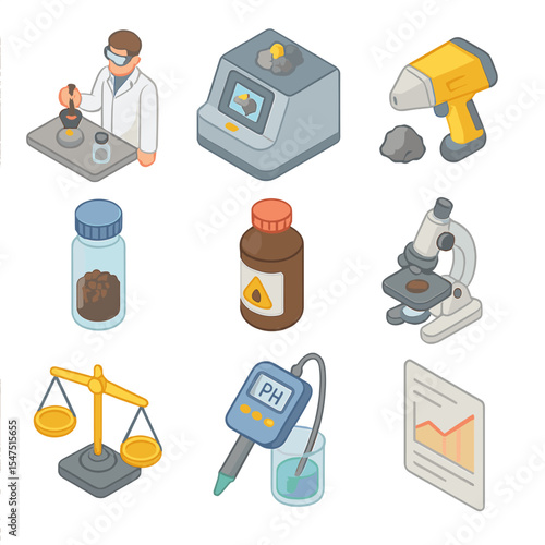 Ore Testing Icons. Isometric Flat icon set of ore quality testing: assay lab, spectrometer, XRF analyzer, sample vial, chemical