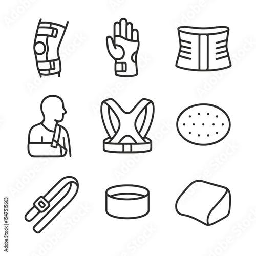 Orthopedic Support Icons. Outline icon set of orthopedic support: knee immobilizer, wrist brace, back support belt, shoulder sling