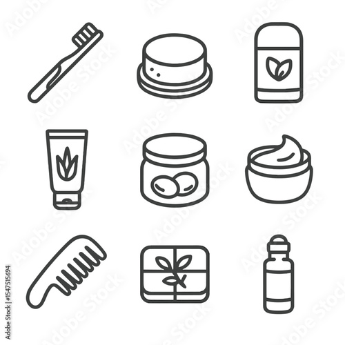 Organic Care Icons. Outline icon set of natural and organic personal care: bamboo toothbrush, solid shampoo bar, natural deodorant