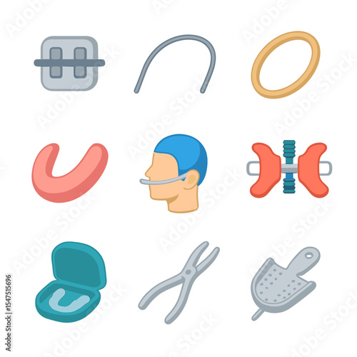 Orthodontic Tools Icons. Isometric Flat icon set of Orthodontic Treatment: metal bracket, archwire, elastic band, retainer tray,