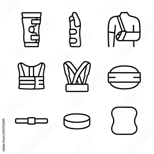 Orthopedic Support Icons. Outline icon set of orthopedic support: knee immobilizer, wrist brace, back support belt, shoulder sling