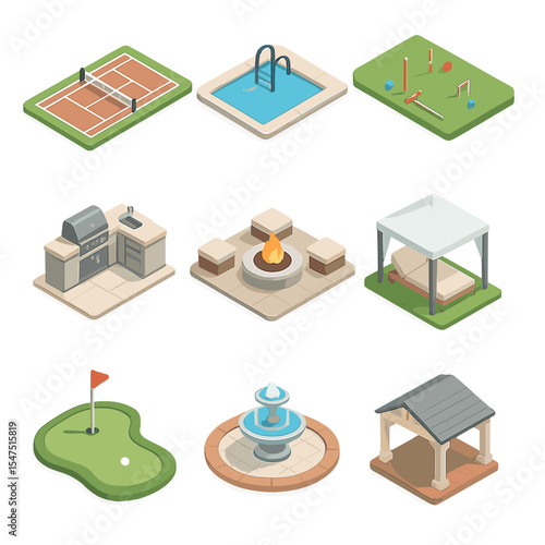 Outdoor Leisure Amenities Icons. Isometric Flat icon set of outdoor leisure amenities: tennis court, swimming pool, croquet lawn,