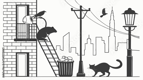 Black and White Urban Alley Scene with Rat Cat Bird and Trash Can Silhouette
