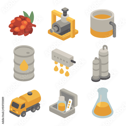 Palm Oil Production Icons. Isometric Flat icon set of palm oil production: fruit bunch cluster, mill press, extraction vat, oil