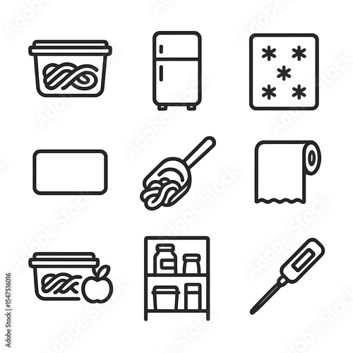 Pasta Storage Icons. Outline icon set of leftover pasta storage: airtight container, refrigerator, freezer pack, label sticker,