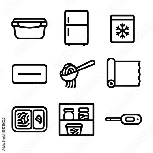 Pasta Storage Icons. Outline icon set of leftover pasta storage: airtight container, refrigerator, freezer pack, label sticker,