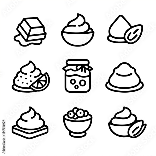 Pastry Fillings Icons. Outline icon set of pastry fillings and creams: chocolate ganache, vanilla pastry cream, almond paste,