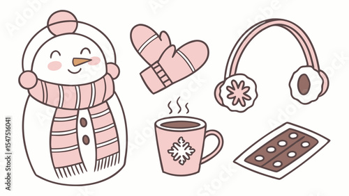 Cute Cozy Winter Holiday Set Snowman Mittens Earmuffs Hot Chocolate Chocolate Bar Hand Drawn Illustration