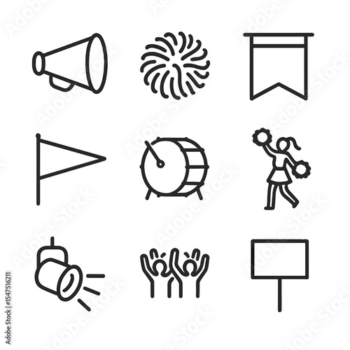 Pep Rally Icons. Outline icon set of pre-game pep rally: megaphone, pom-pom, rally banner, team flag, bass drum, cheerleader
