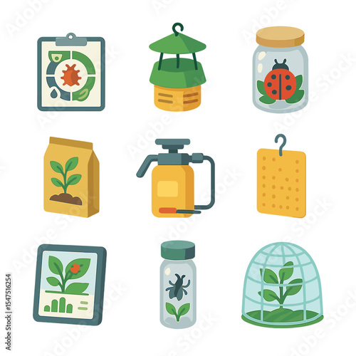 Pest Management Icon Set. Isometric Flat icon set of pest and disease management under climate stress: integrated pest management