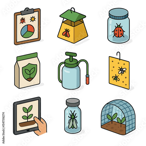 Pest Management Icon Set. Isometric Flat icon set of pest and disease management under climate stress: integrated pest management