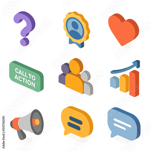 Persuasive Writing Icons. Isometric Flat icon set of persuasive writing tools: rhetorical question mark, appeal to ethos badge,