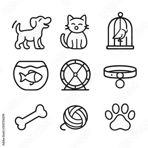 Pet Companions Icon Set. Outline icon set of pets and companionship: wagging dog, purring cat, bird in cage, fish bowl, hamster