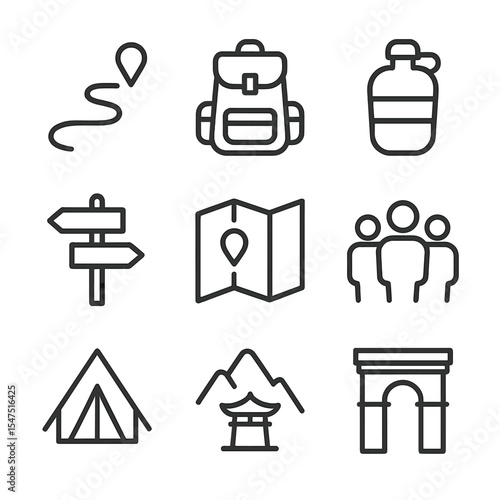 Pilgrimage Icon Set. Outline icon set of pilgrimage and spiritual journey: walking trail, backpack, water flask, guide map,
