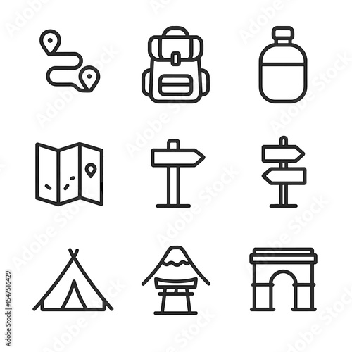 Pilgrimage Icon Set. Outline icon set of pilgrimage and spiritual journey: walking trail, backpack, water flask, guide map,