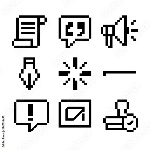 Pixel Art Tagline Icons. Pixel art icon set of personal tagline and slogan: speech scroll, quotation bubble, megaphone, pen nib,
