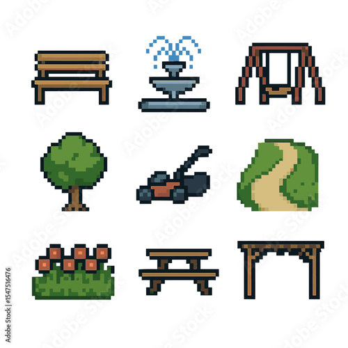Pixel Park Icons. Pixel art icon set of green spaces and parks: bench, fountain, playground, tree, lawn mower, walking path,