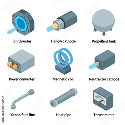 Plasma Propulsion Icon Set. Isometric Flat icon set of plasma propulsion modules: ion thruster, hollow cathode, propellant tank,