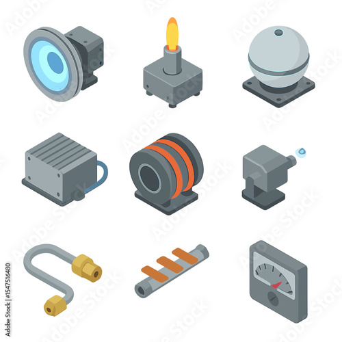 Plasma Propulsion Icon Set. Isometric Flat icon set of plasma propulsion modules: ion thruster, hollow cathode, propellant tank,