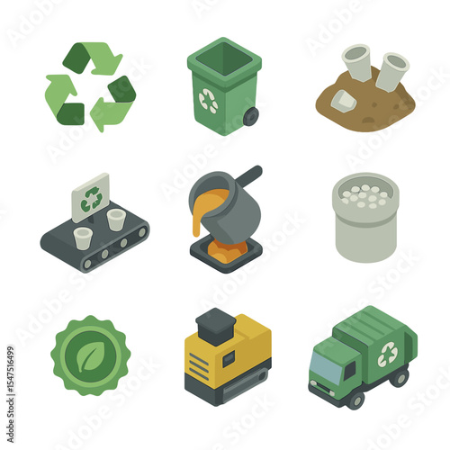 Plastic Recycling Icons. Isometric Flat icon set of plastic cup recycling and waste: recycling symbol, recycling bin, landfill