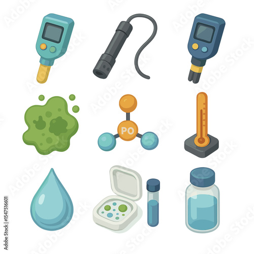 Pond Monitoring Icons. Isometric Flat icon set of pond water quality monitoring: pH meter, dissolved oxygen probe, turbidity meter