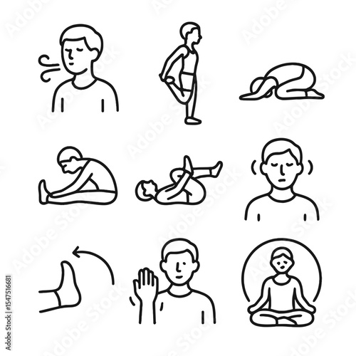 Post-Workout Stretch Icons. Outline icon set of post-workout cooldown stretches: deep breath icon, gentle quad stretch, child’s