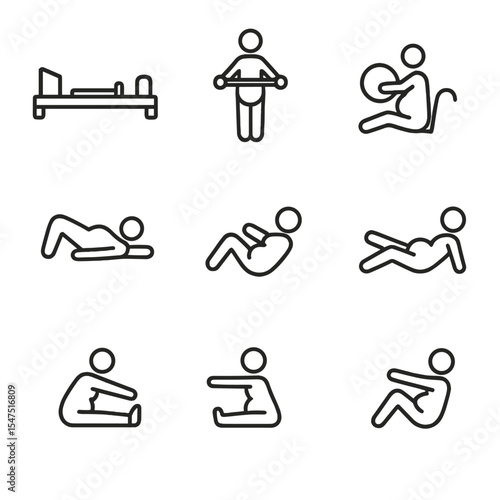 Pregnancy Pilates Icons. Outline icon set of pregnancy Pilates modifications: reformer silhouette, resistance band, magic circle,