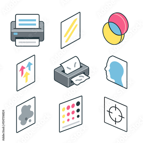 Print Defect Icons. Isometric Flat icon set of common print defects: banding line, streak mark, color shift icon, misregistration