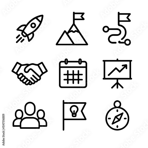 Project Kickoff Icons. Outline icon set of project kickoff meetings: launch rocket, flag on mountain, roadmap, handshake, calendar