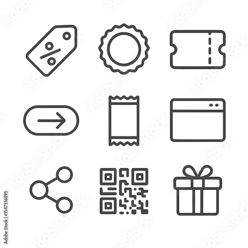 Promotional Packaging Icons. Outline icon set of promotional packaging: discount tag, limited edition badge, coupon icon,